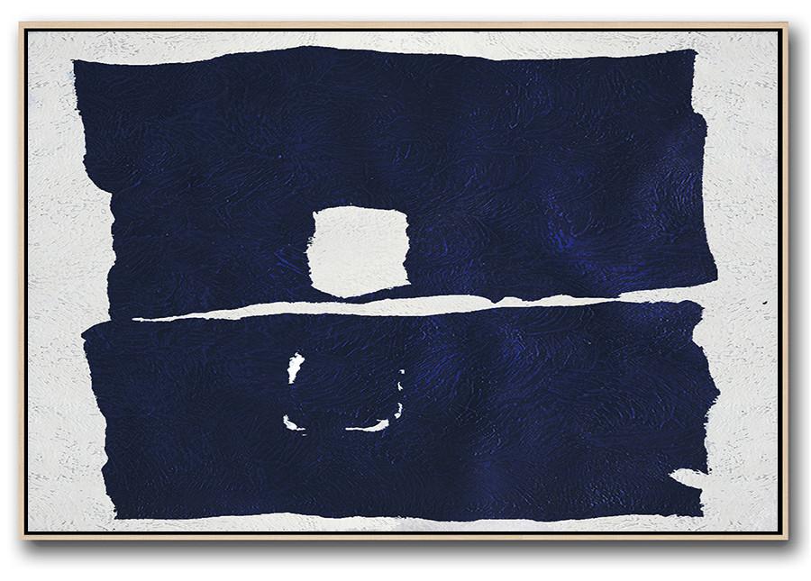 Large Contemporary Painting,Horizontal Abstract Painting Navy Blue Minimalist Painting On Canvas,Canvas Artwork For Sale